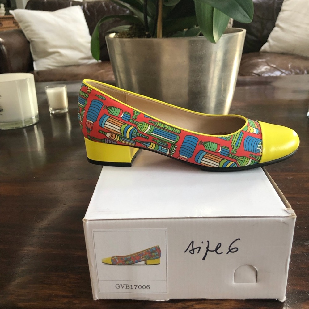 Yellow Multicolor Patterned Low Block Heel Flats